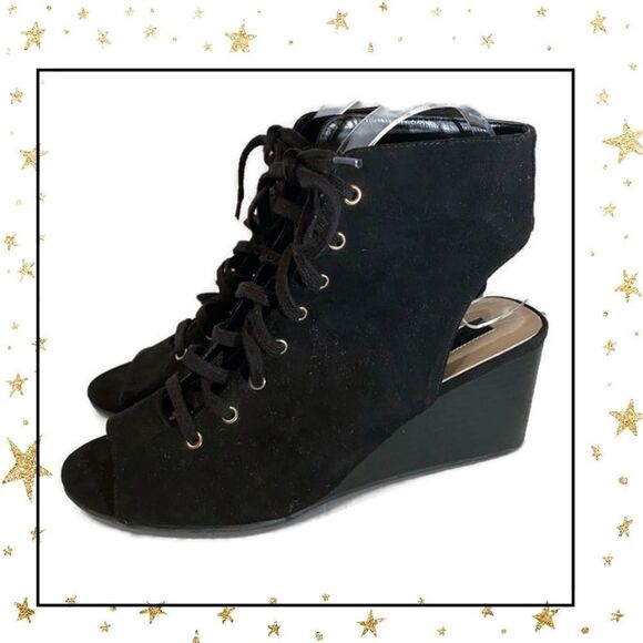 Forever 21 Black Suede Lace Up Peep Toe Wedges 8 - Picture 2 of 7